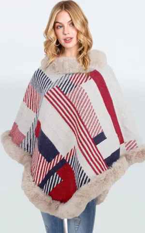 P1822 Stripe Pattern Comfy Fur Trim Poncho 6pcs Pack
