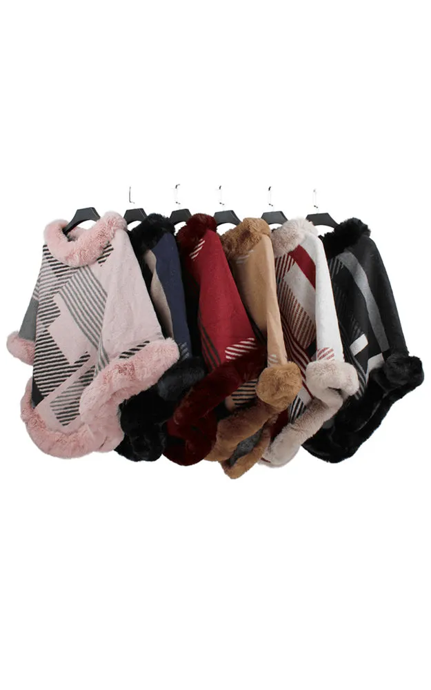 P1822 Stripe Pattern Comfy Fur Trim Poncho 6pcs Pack