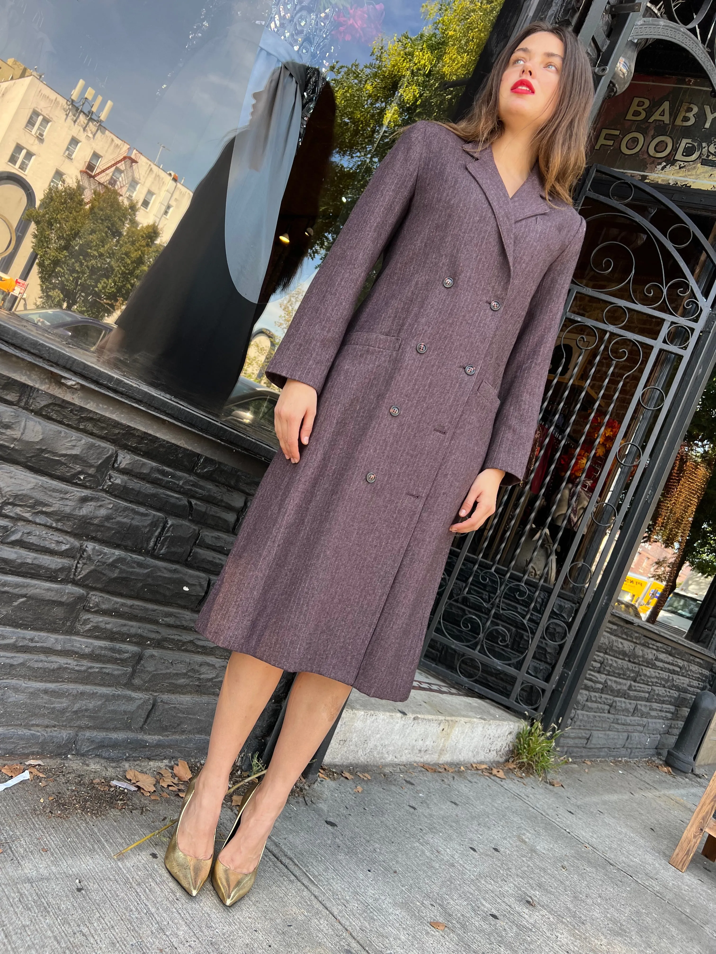plum double breasted wool coat dress