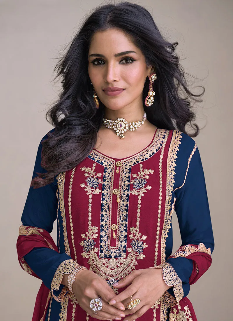 Red And Blue Embroidery Festive Palazzo Suit