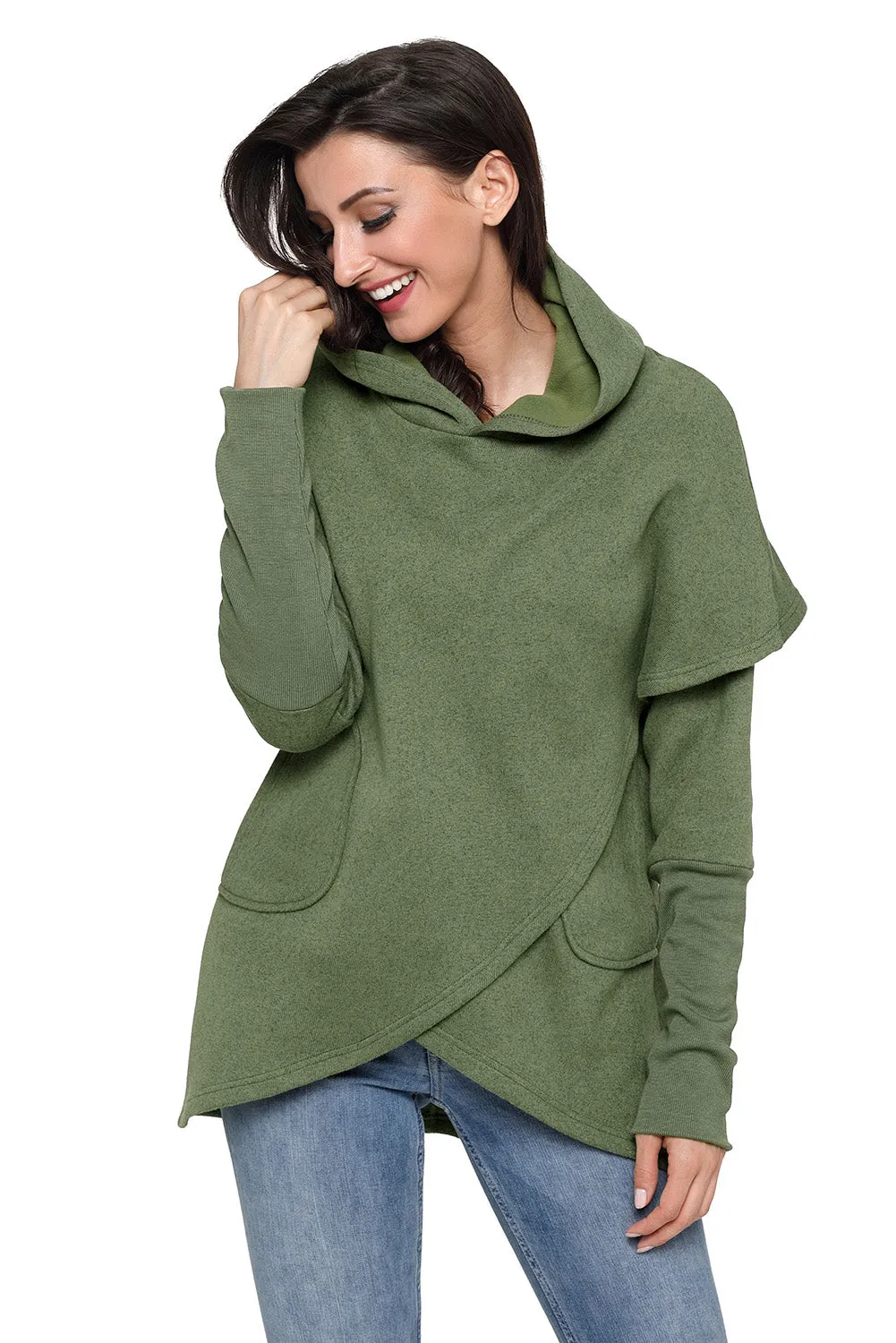 Sexy Army Green Tulip Wrap Cape Style Long Sleeve Hoodie