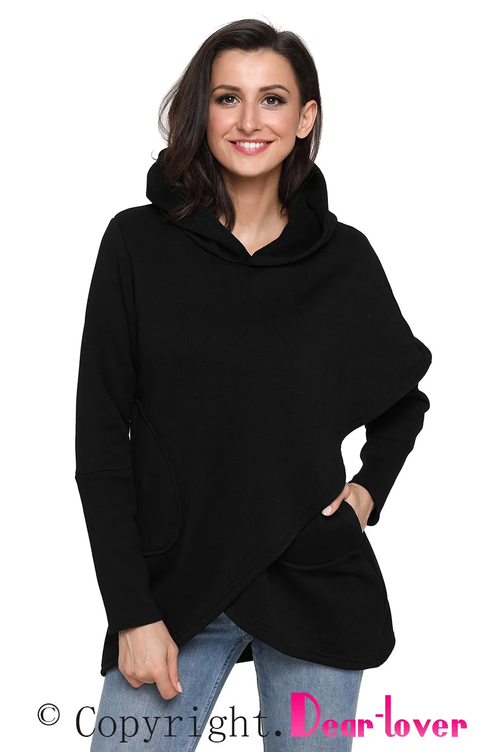 Sexy Black Tulip Wrap Cape Style Long Sleeve Hoodie