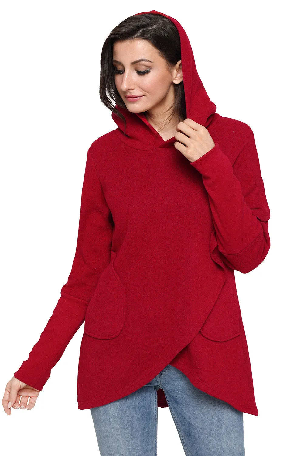 Sexy Burgundy Tulip Wrap Cape Style Long Sleeve Hoodie