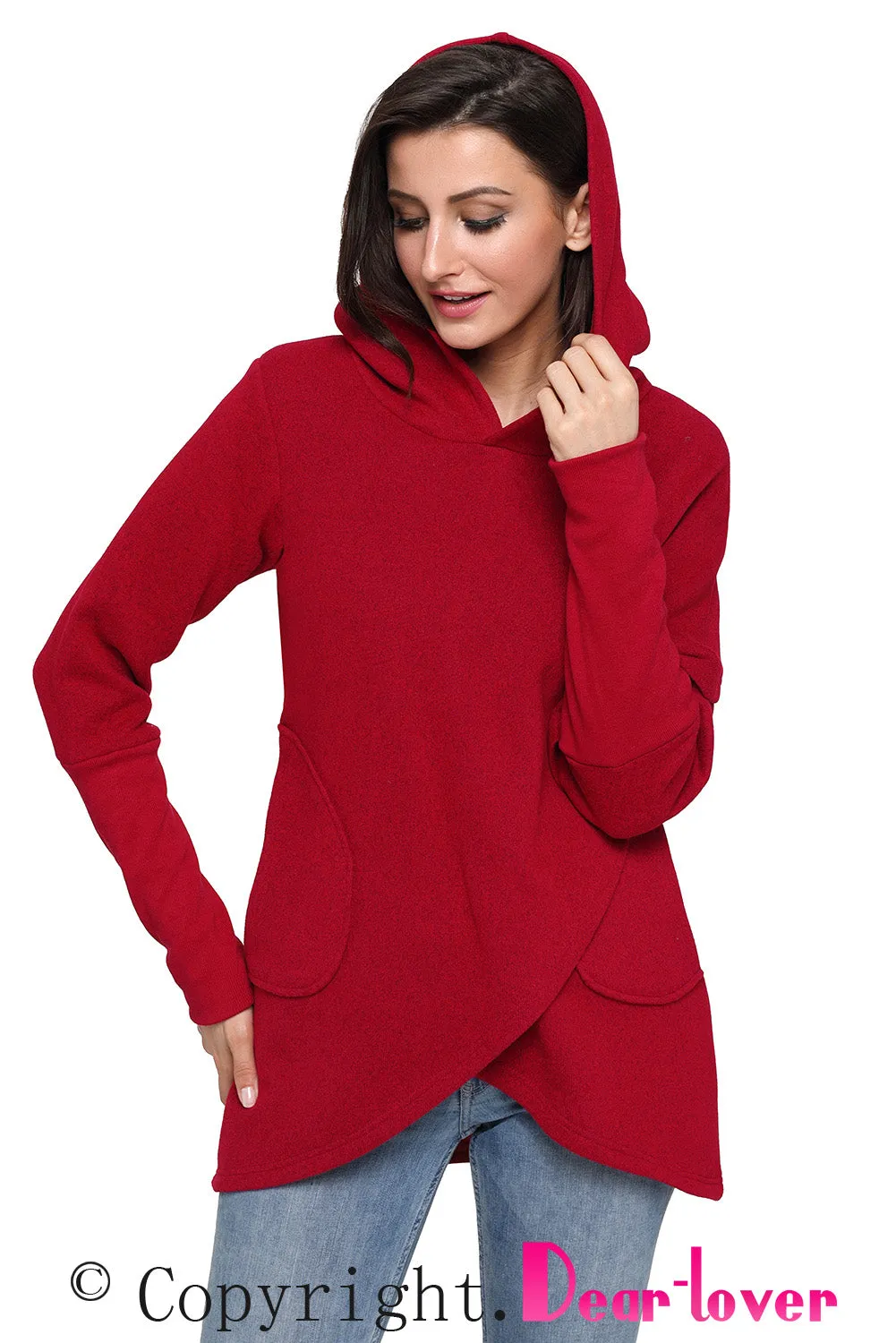 Sexy Burgundy Tulip Wrap Cape Style Long Sleeve Hoodie