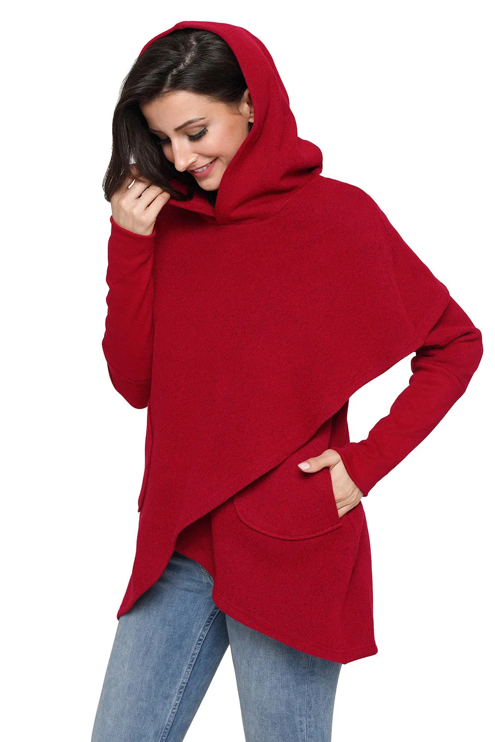 Sexy Burgundy Tulip Wrap Cape Style Long Sleeve Hoodie
