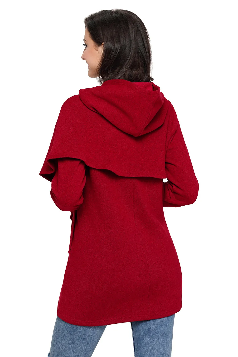 Sexy Burgundy Tulip Wrap Cape Style Long Sleeve Hoodie