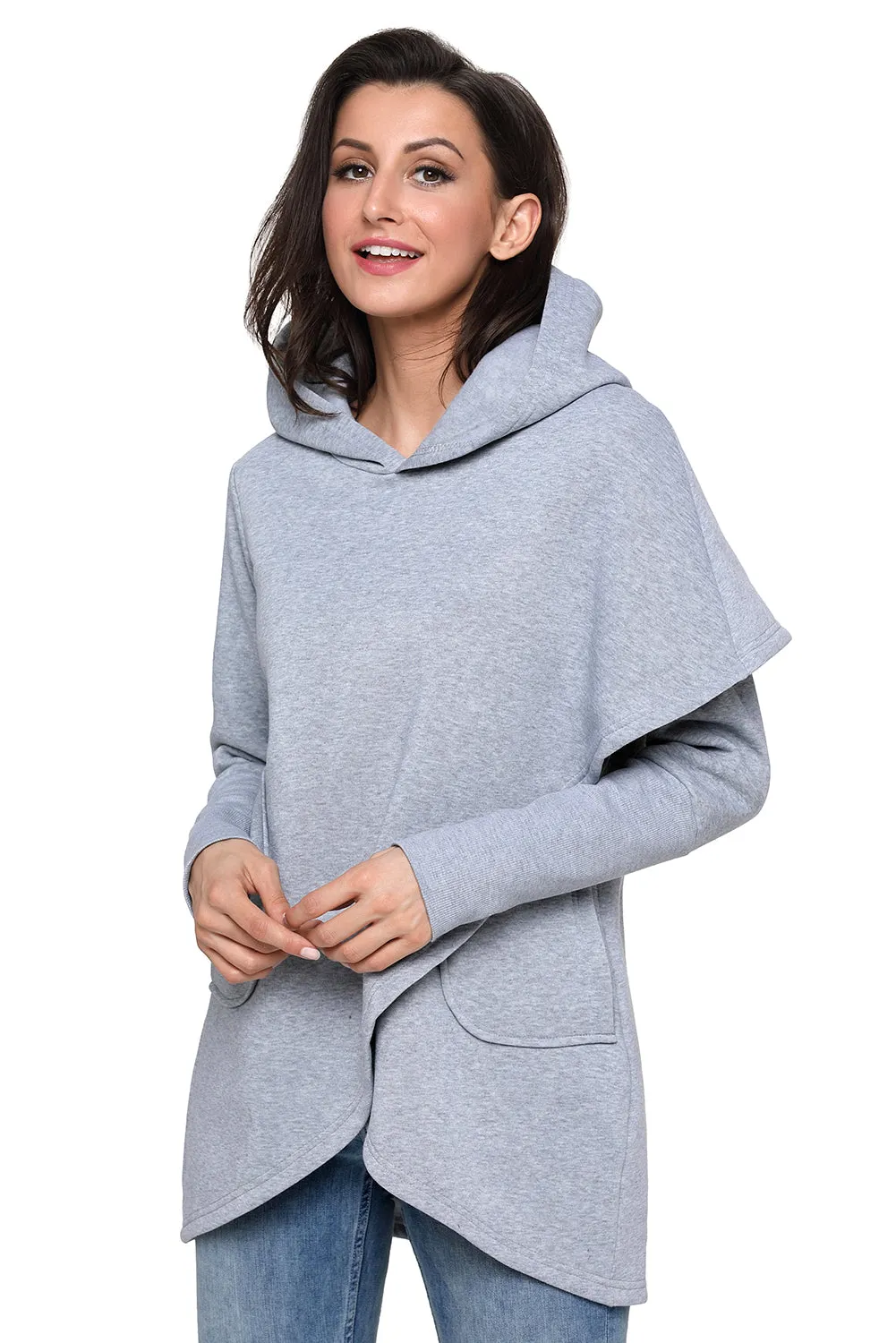 Sexy Grey Tulip Wrap Cape Style Long Sleeve Hoodie