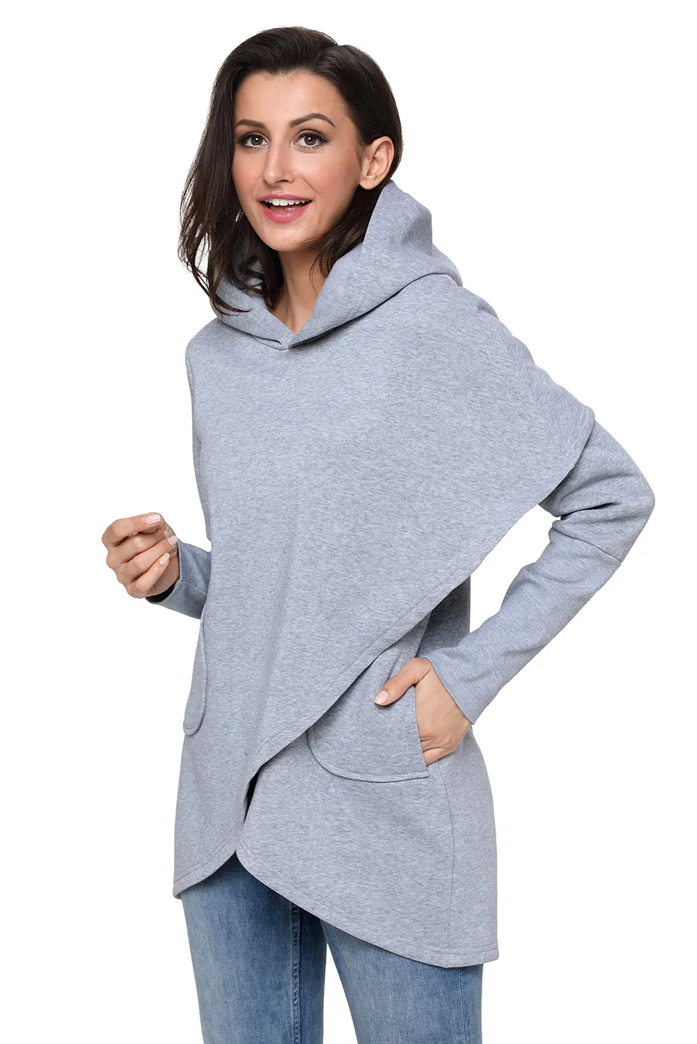 Sexy Grey Tulip Wrap Cape Style Long Sleeve Hoodie