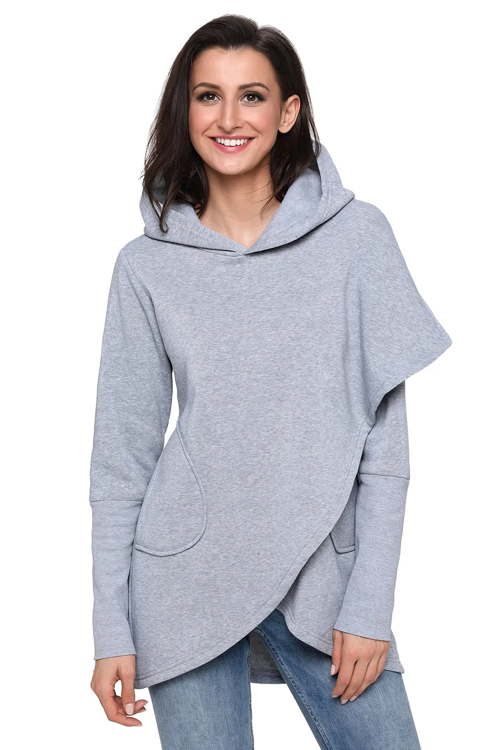 Sexy Grey Tulip Wrap Cape Style Long Sleeve Hoodie