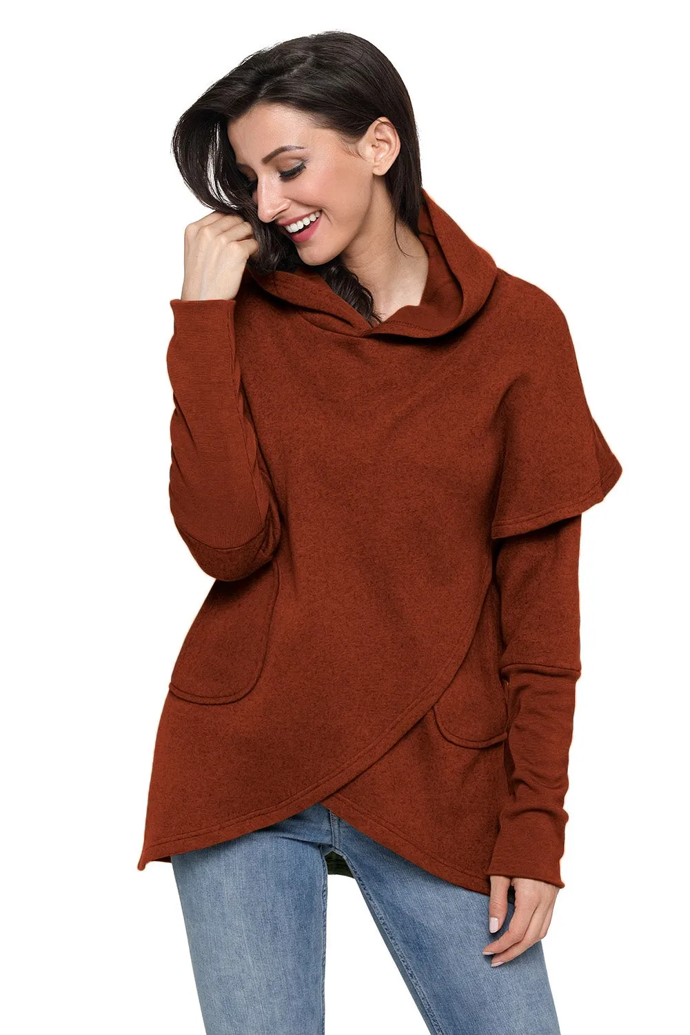 Sexy Rusty Tulip Wrap Cape Style Long Sleeve Hoodie