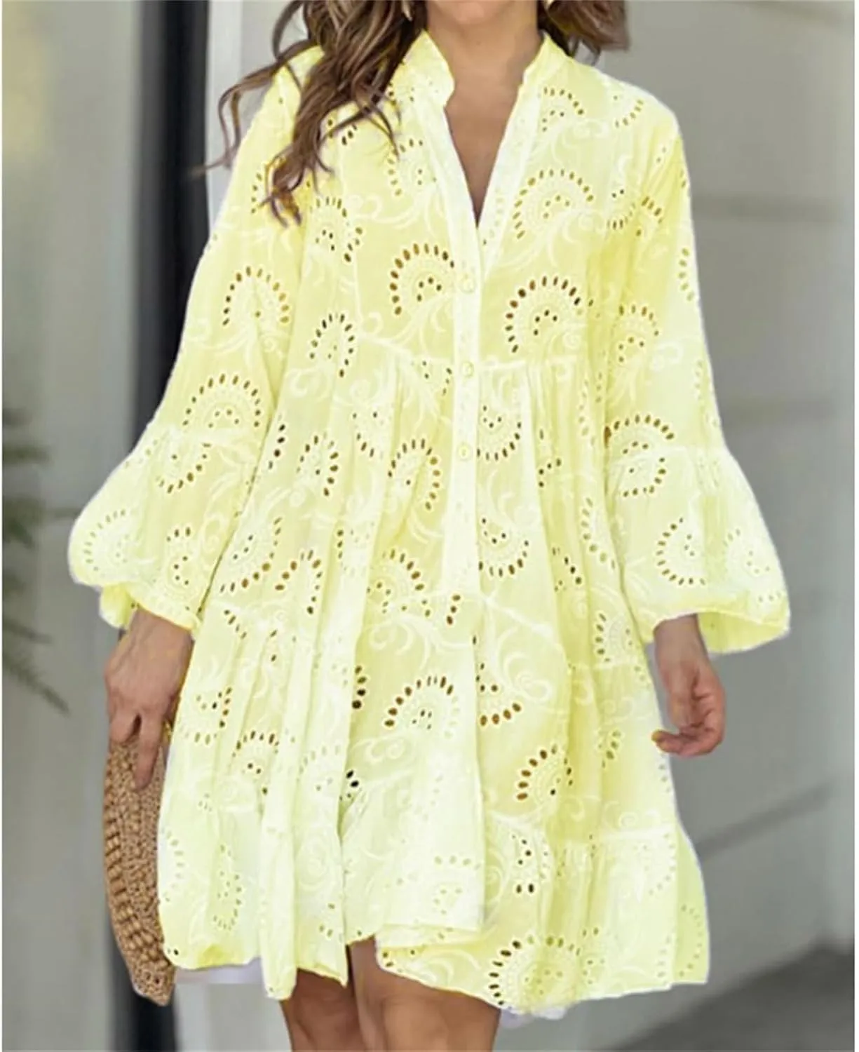 Short Dresses for Women Casual Summer Mini Dress Crochet Plus Size Button Down V Neck Dress T Shirt Beach Sundress