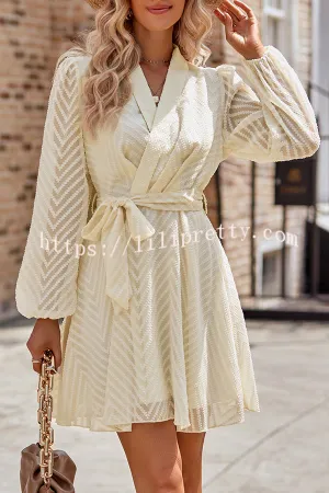 Striped Lace Cutout Belted Long Sleeve Mini Dress