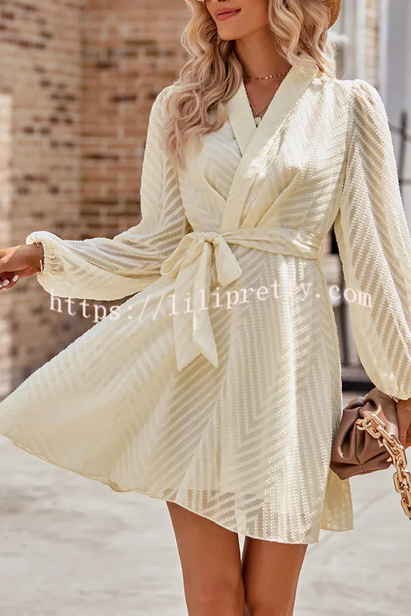 Striped Lace Cutout Belted Long Sleeve Mini Dress