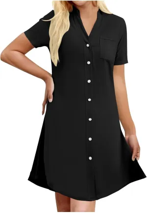 Tunic Dress for Women Button Down V Neck Short Sleeve Dresses Lounge Classic Pure T-Shirts Dress Outfits