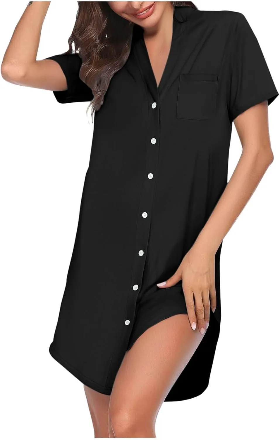 Tunic Dress for Women Button Down V Neck Short Sleeve Dresses Lounge Classic Pure T-Shirts Dress Outfits