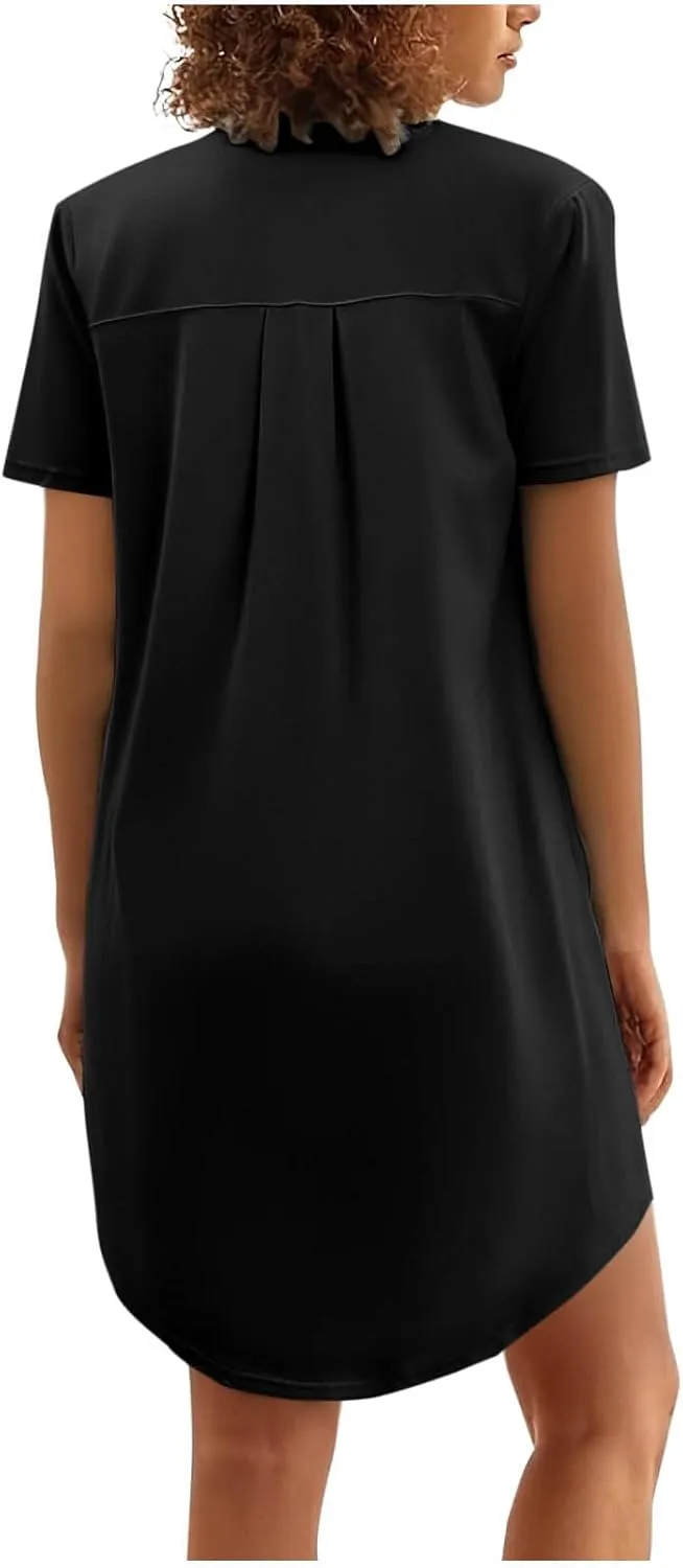 Tunic Dress for Women Button Down V Neck Short Sleeve Dresses Lounge Classic Pure T-Shirts Dress Outfits