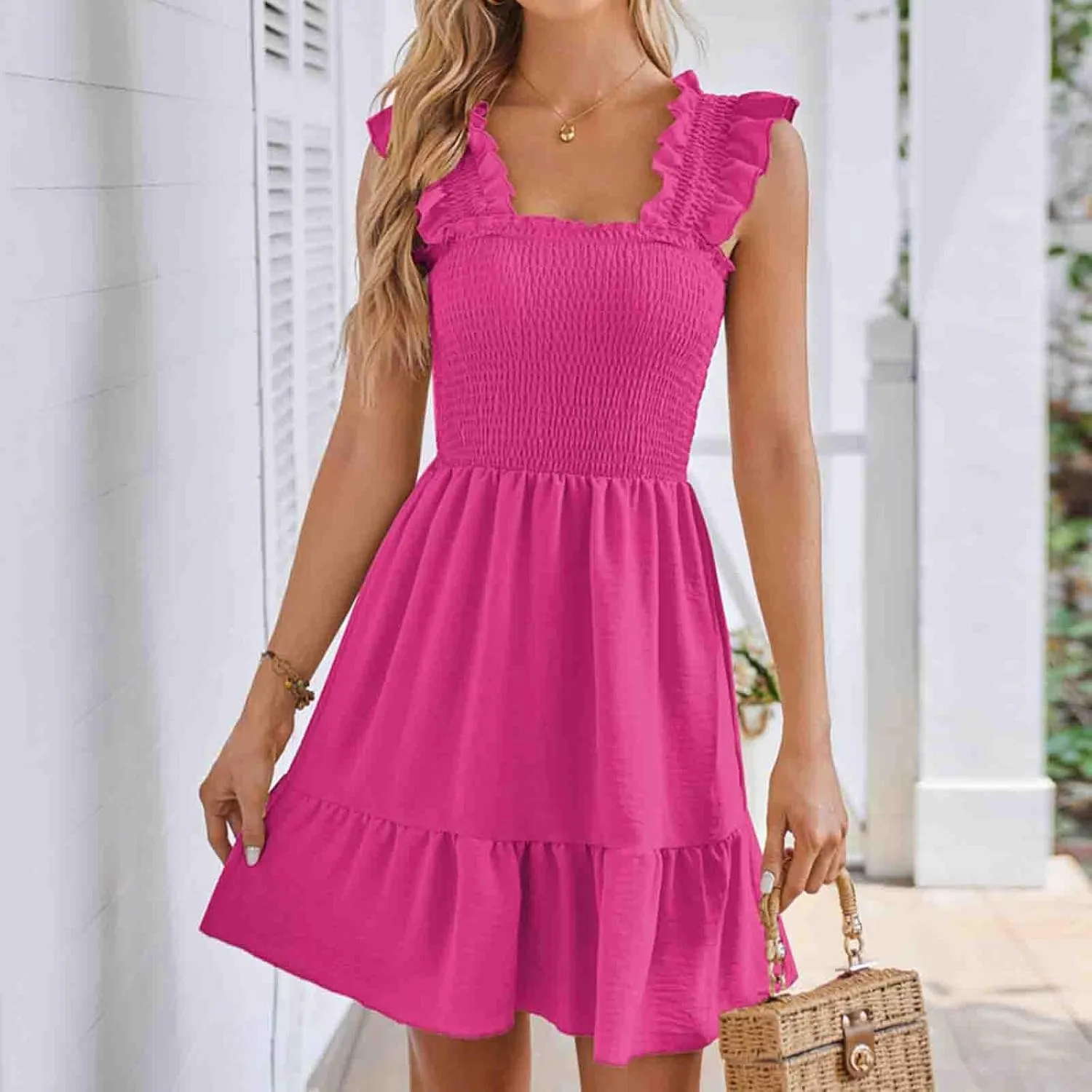 TUNUSKAT Womens Summer Casual Sleeveless Dresses Square Neck Smocked Ruffle Mini Dress 2024 Trendy Boho Beach Short Sundress