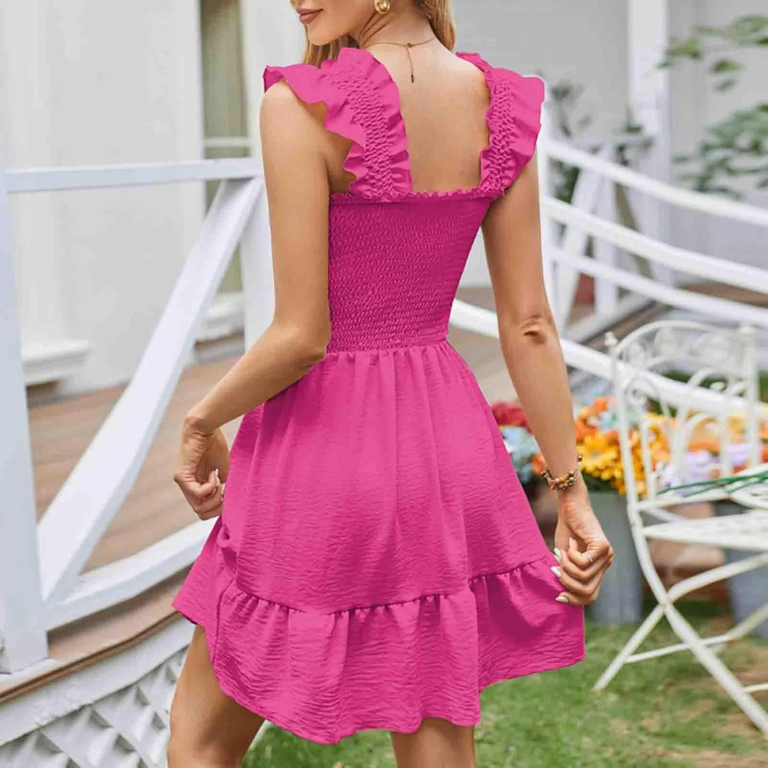 TUNUSKAT Womens Summer Casual Sleeveless Dresses Square Neck Smocked Ruffle Mini Dress 2024 Trendy Boho Beach Short Sundress