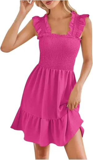 TUNUSKAT Womens Summer Casual Sleeveless Dresses Square Neck Smocked Ruffle Mini Dress 2024 Trendy Boho Beach Short Sundress
