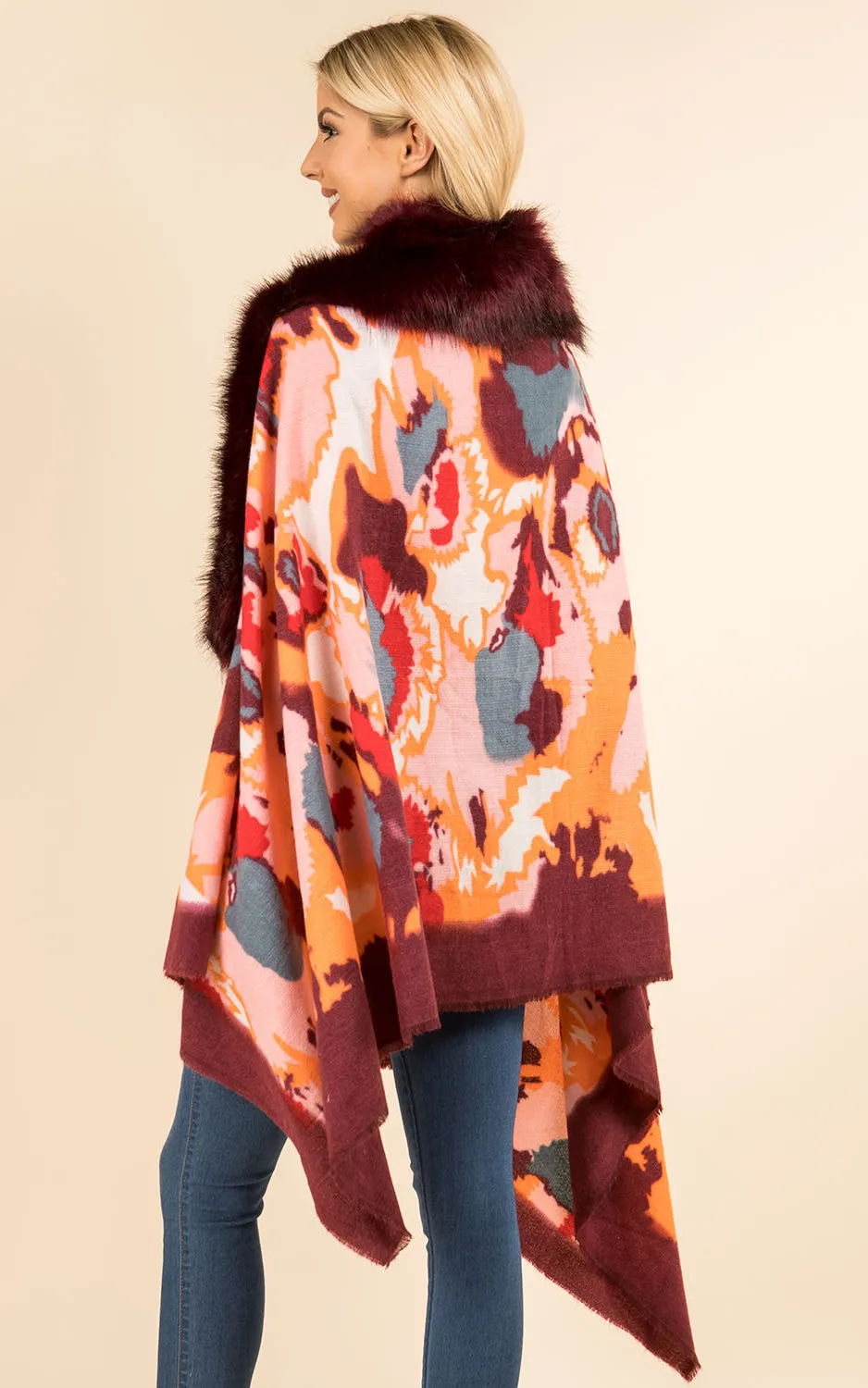 WA3761 Printed Faux Fur Trim Ruana Shawl