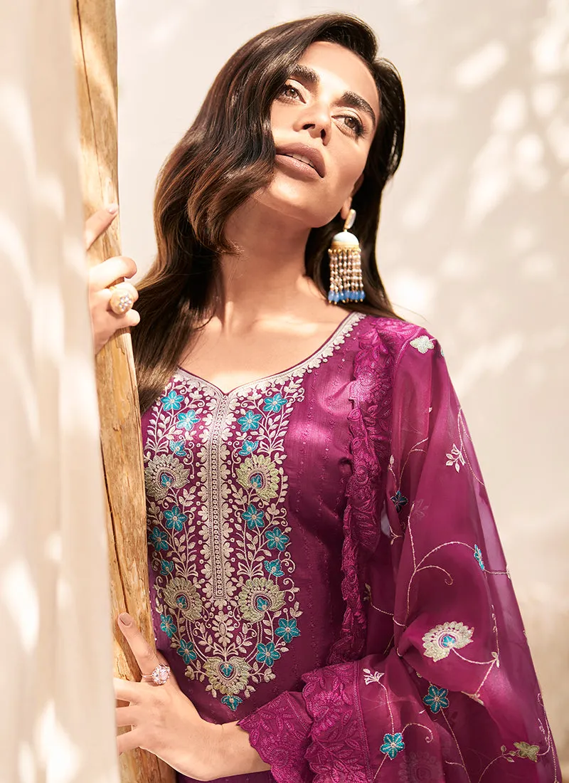 Wine Multi Floral Embroidery Pant Style Suit