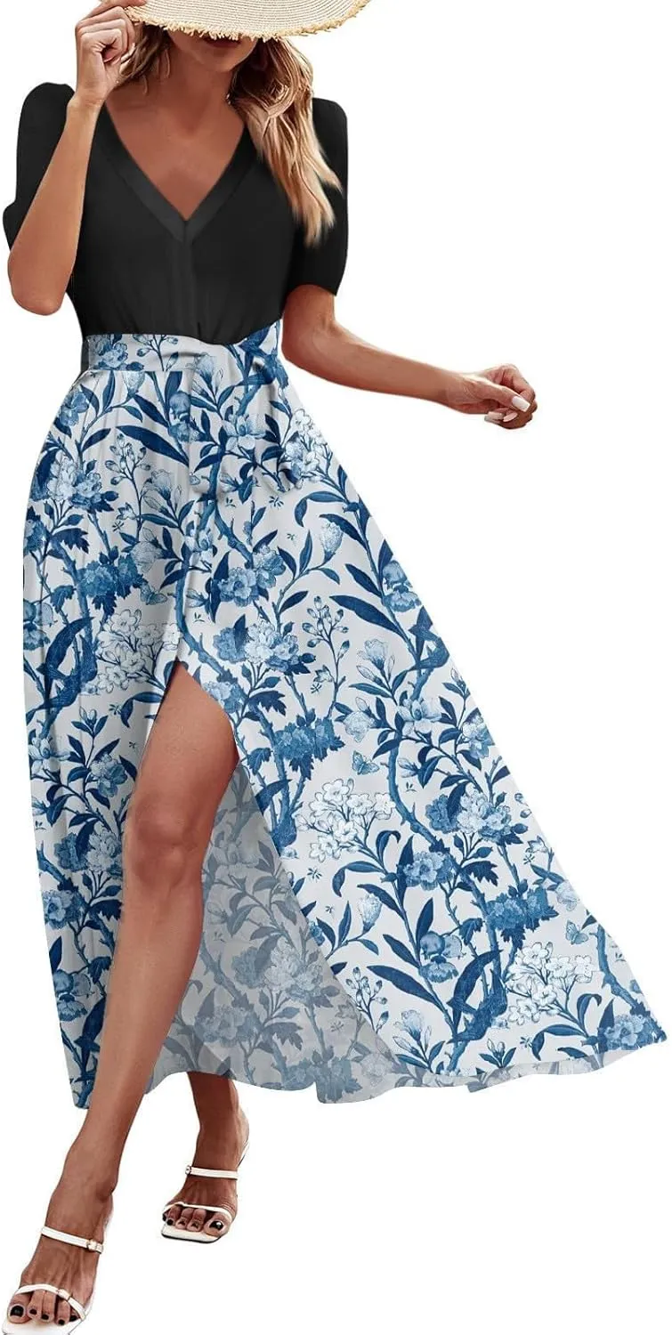 Women Summer 2025 Maxi Dress Vacation Floral Short Sleeve Casual Boho High Split Beach Cover Ups Long Flowy Sundress