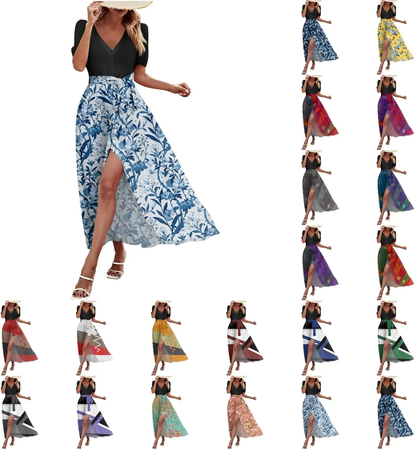 Women Summer 2025 Maxi Dress Vacation Floral Short Sleeve Casual Boho High Split Beach Cover Ups Long Flowy Sundress