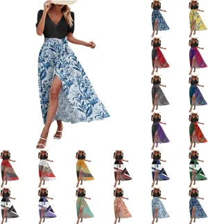 Women Summer 2025 Maxi Dress Vacation Floral Short Sleeve Casual Boho High Split Beach Cover Ups Long Flowy Sundress