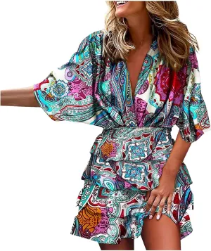 Women's Casual Dresses Summer Casual V-Neck Short Sleeve Midi Dress 2024 Loose Swing Flowy Floral Dresses, S-2XL