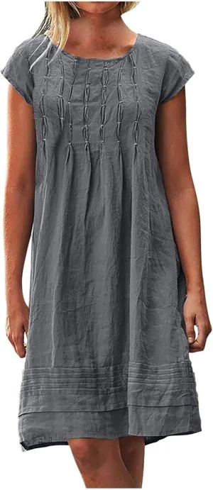 Women's Cotton Linen Midi Dress Plus Size Cap Sleeve Pleated Summer T-Shirt Dresses Beach Crewneck Cute Sundresses