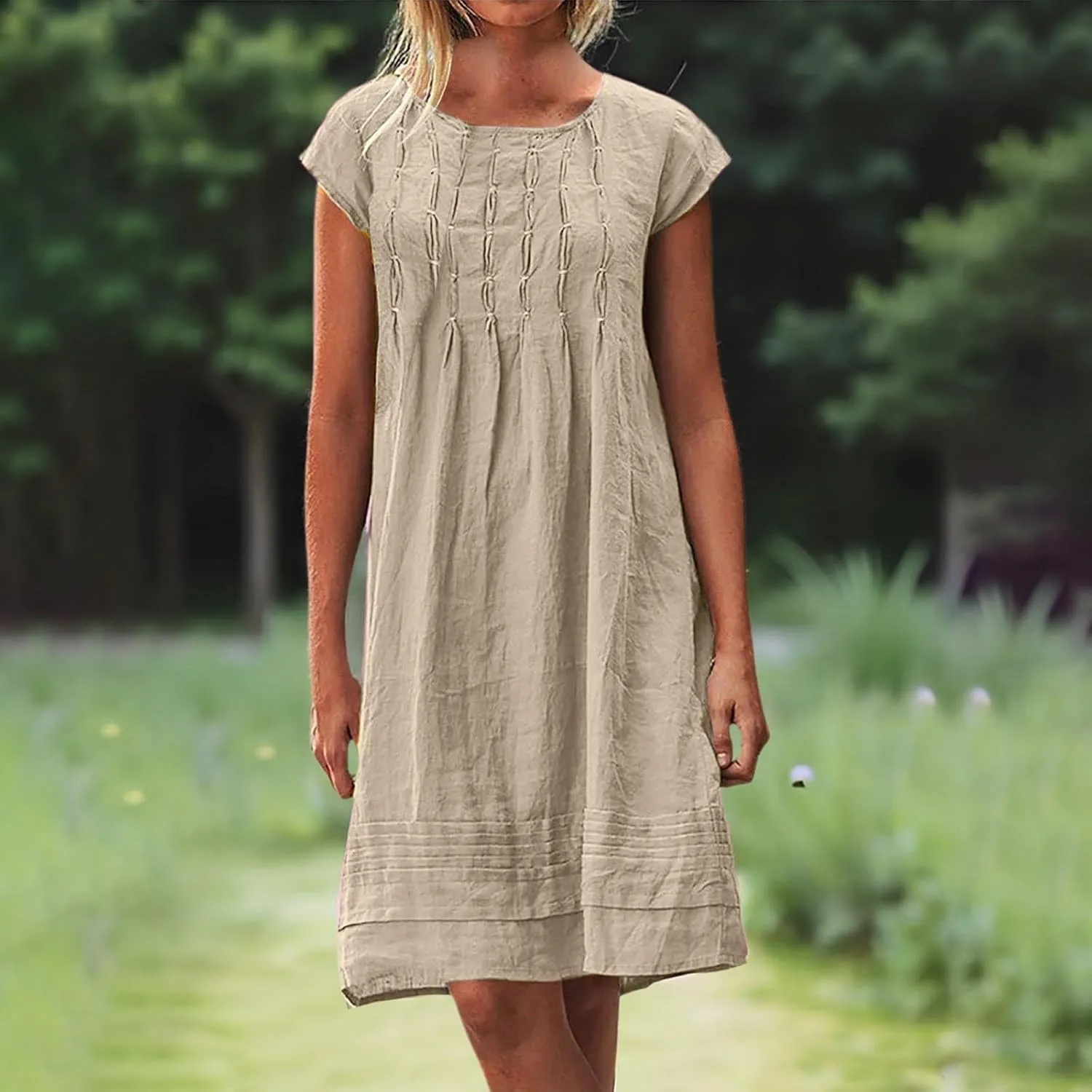 Women's Cotton Linen Midi Dress Plus Size Cap Sleeve Pleated Summer T-Shirt Dresses Beach Crewneck Cute Sundresses