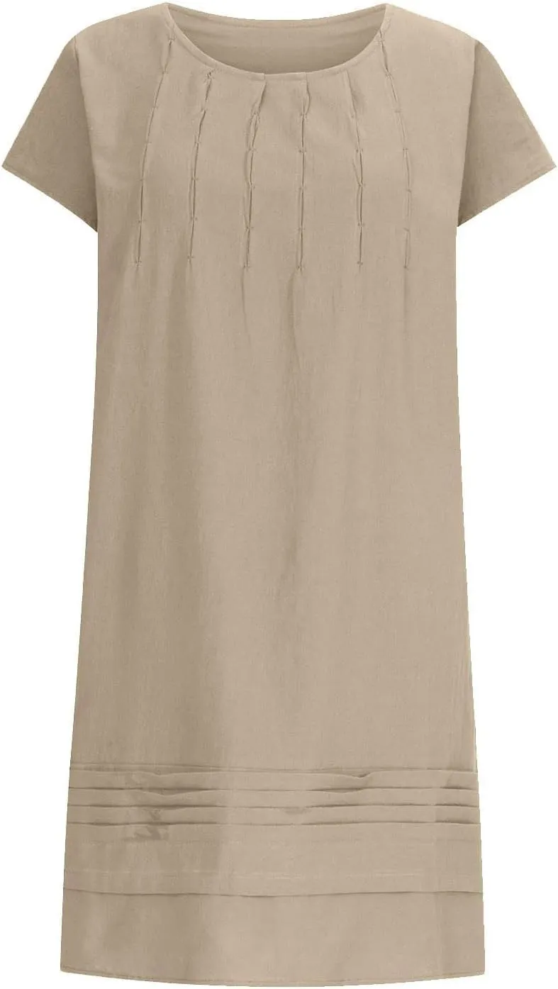 Women's Cotton Linen Midi Dress Plus Size Cap Sleeve Pleated Summer T-Shirt Dresses Beach Crewneck Cute Sundresses