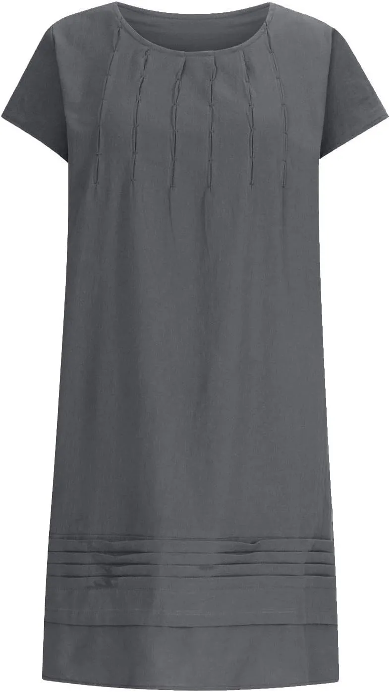 Women's Cotton Linen Midi Dress Plus Size Cap Sleeve Pleated Summer T-Shirt Dresses Beach Crewneck Cute Sundresses