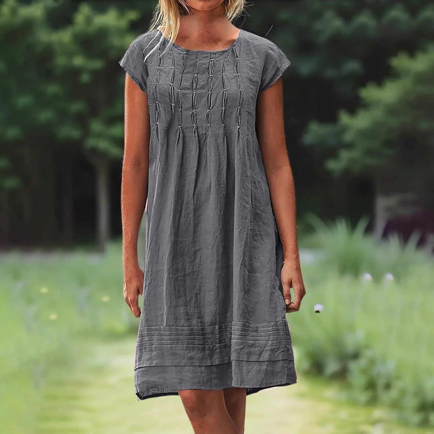 Women's Cotton Linen Midi Dress Plus Size Cap Sleeve Pleated Summer T-Shirt Dresses Beach Crewneck Cute Sundresses