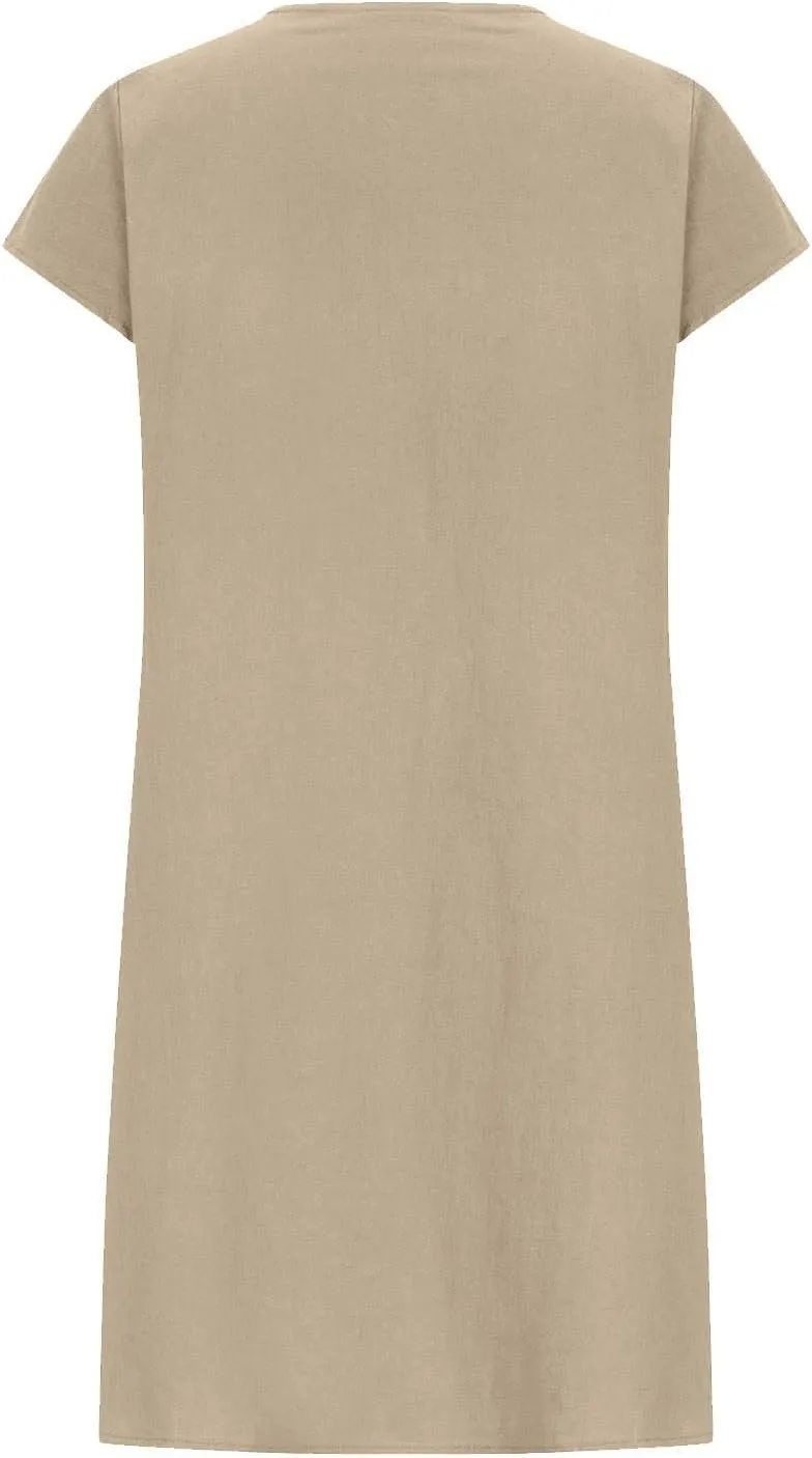 Women's Cotton Linen Midi Dress Plus Size Cap Sleeve Pleated Summer T-Shirt Dresses Beach Crewneck Cute Sundresses