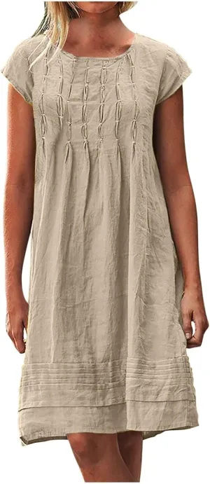 Women's Cotton Linen Midi Dress Plus Size Cap Sleeve Pleated Summer T-Shirt Dresses Beach Crewneck Cute Sundresses