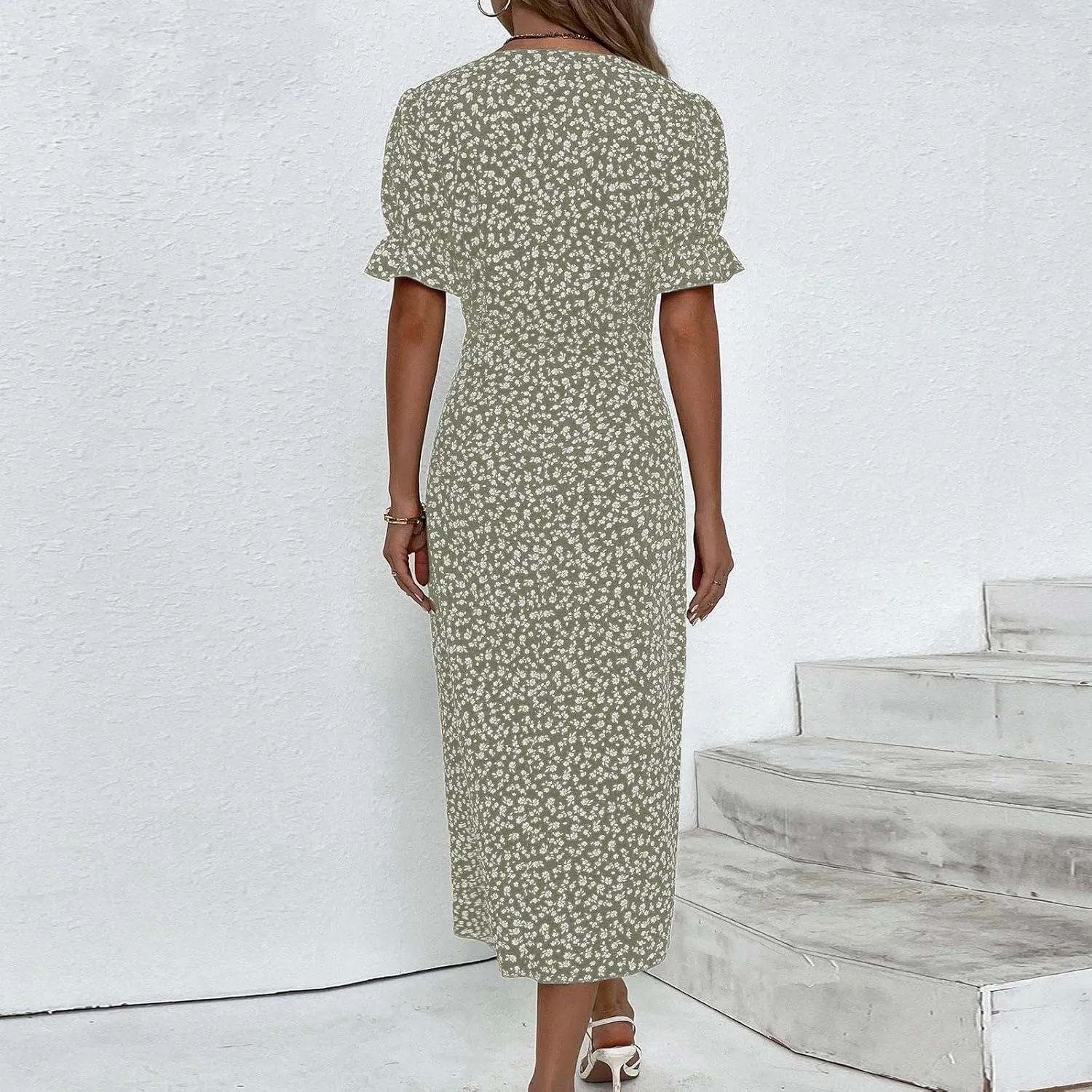 Women's Maxi Dress Spring Summer Casual Loose Floral Printed A-Line 2024 V Neck Short Sleeve Boho Midi Dresses, S-3XL