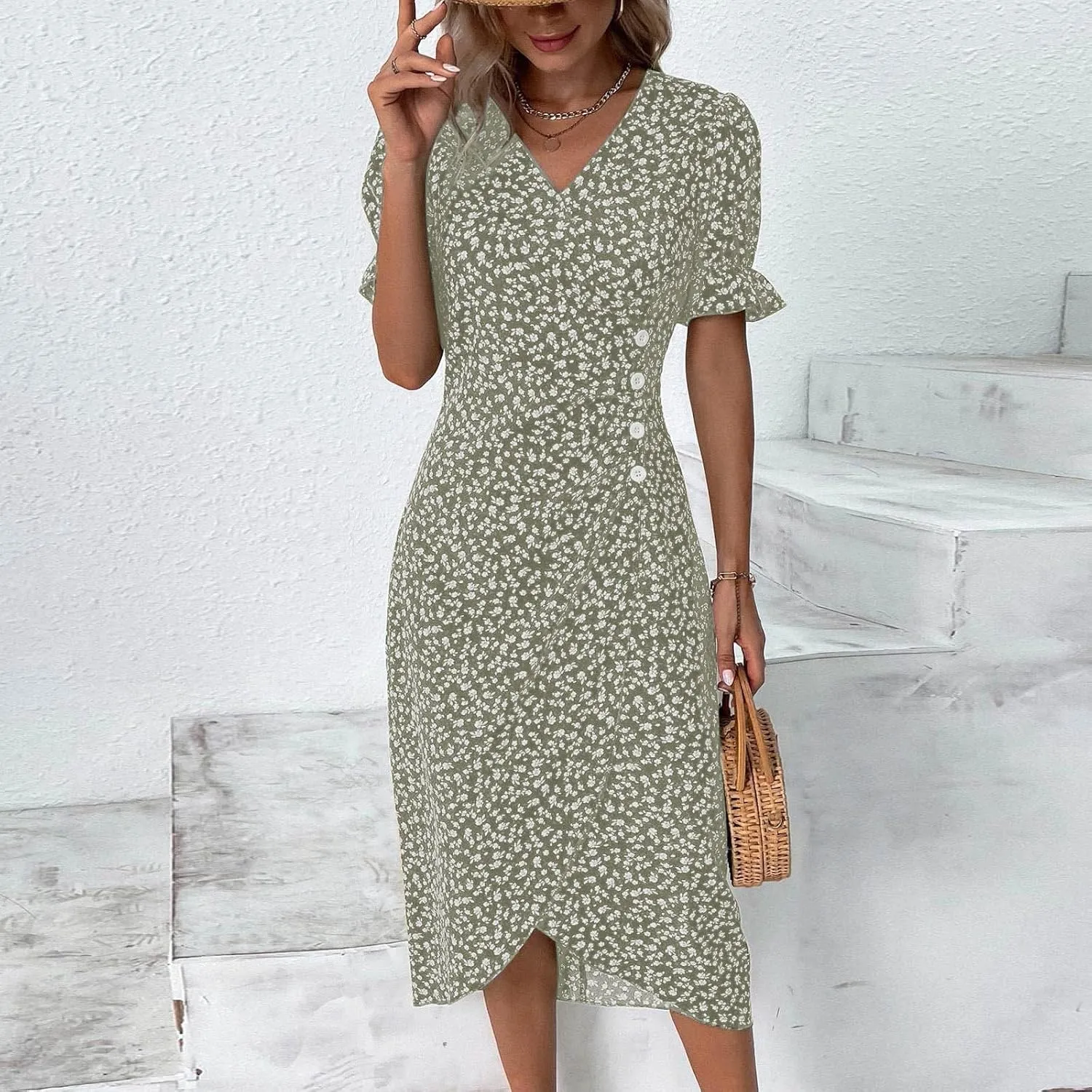 Women's Maxi Dress Spring Summer Casual Loose Floral Printed A-Line 2024 V Neck Short Sleeve Boho Midi Dresses, S-3XL