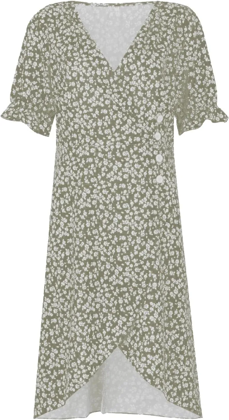 Women's Maxi Dress Spring Summer Casual Loose Floral Printed A-Line 2024 V Neck Short Sleeve Boho Midi Dresses, S-3XL