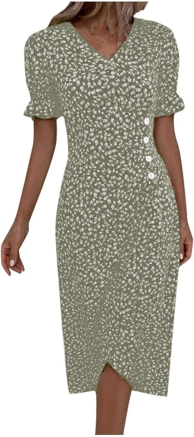 Women's Maxi Dress Spring Summer Casual Loose Floral Printed A-Line 2024 V Neck Short Sleeve Boho Midi Dresses, S-3XL