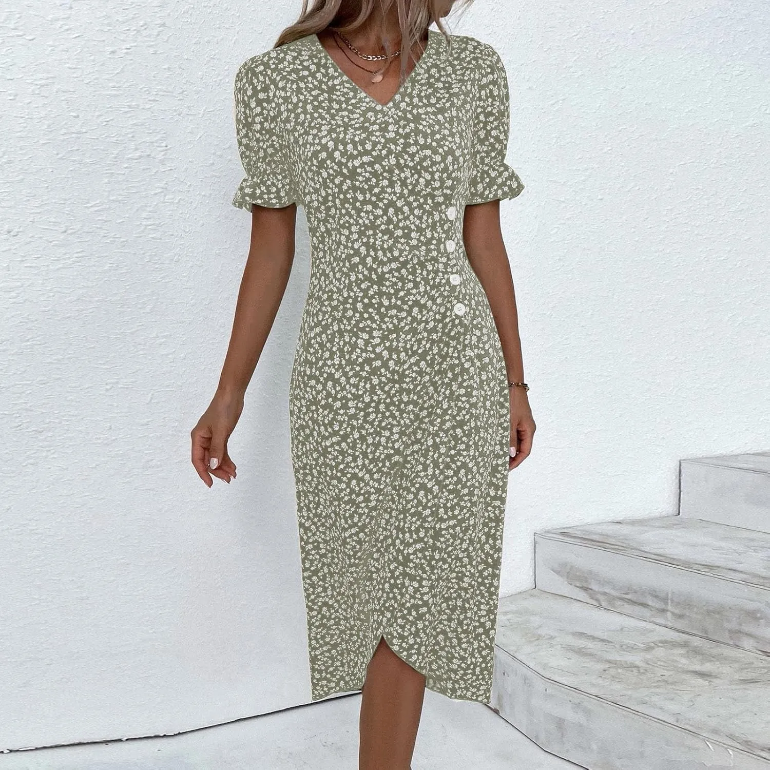 Women's Maxi Dress Spring Summer Casual Loose Floral Printed A-Line 2024 V Neck Short Sleeve Boho Midi Dresses, S-3XL